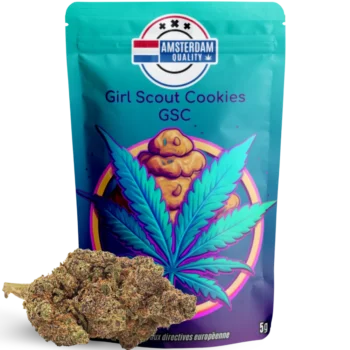 Sachet de 5g de fleurs CBD Girl Scout Cookies (GSC) de la marque Amsterdam Quality. Variété gourmande aux notes sucrées et terreuses, issue d’une culture indoor. Riche en CBD, avec un taux de THC légal.