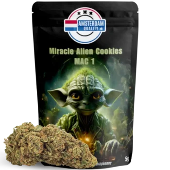 Sachet de fleurs CBD Miracle Alien Cookies (MAC 1) de la marque Amsterdam Quality. Variété indoor aux arômes terreux et épicés, avec un taux de THC légal et un haut niveau de CBD. Illustration thématique de la variété sur l'emballage.