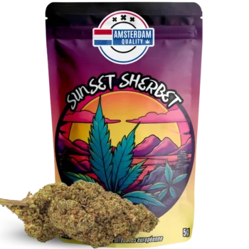 Packaging Fleur CBD Sunset Sherbet - Indoor - Amsterdam Quality. Design coloré évoquant des notes fruitées et sucrées.