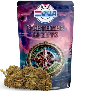 Sachet fleurs CBD premium Northern Lights, culture Indoor, par Amsterdam Quality. Variété légendaire aux arômes boisés et sucrés, offrant une relaxation profonde et une expérience apaisante.
