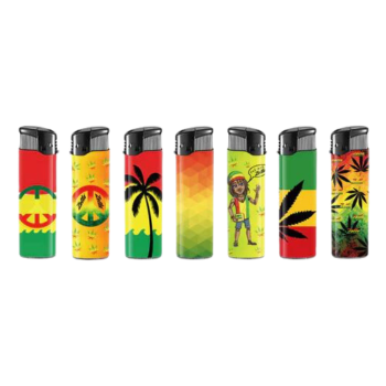 Sept briquets Zetla Clic Rasta Man différents, chacun avec un design rasta unique, disponibles chez Amsterdam Quality. Choisissez votre style!