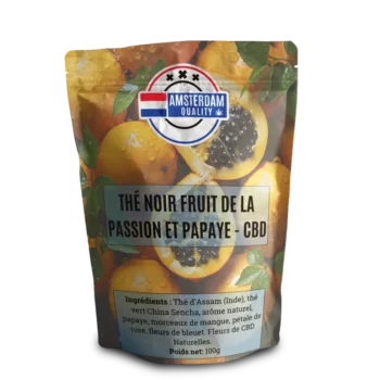Thé Noir fruit de la passion et papaye au CBD d'Amsterdam Quality mêlant les saveurs exotiques pour une infusion riche et parfumée en CBD.