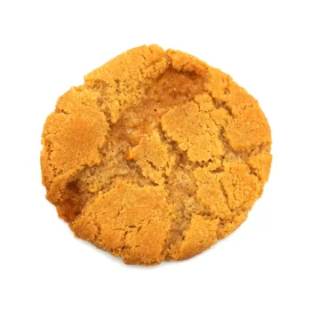 Gros plan sur un cookie au beurre de cacahuète avec une texture dorée et légèrement craquelée, mettant en valeur sa composition moelleuse.